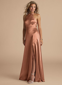 Azazie Clarice Brautjungfernkleider A-Linie Hoher Kragen Metallischer Satin Kleid Bronzer image1