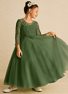 Azazie Precious Flower Girl Dresses Olive A-Line Lace Tulle Dress image2