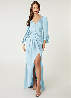 Azazie Mel Bridesmaid Dresses Sky Blue Sheath Long Sleeve Stretch Satin Dress image1