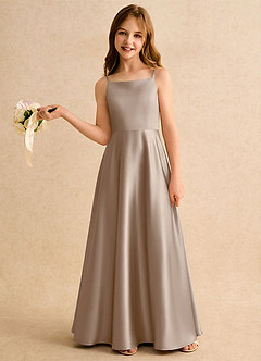 Azazie Joella Girls Formal Flower Girl Dresses Taupe A-Line Pleated Stretch Satin Dress image2