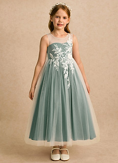Azazie Amina Flower Girl Dresses Ivory Eucalyptus A-Line Lace Tulle Dress image4