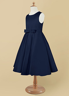 Azazie Coco Flower Girl Dresses Dark Navy A-Line Bow Matte Satin Dress image7