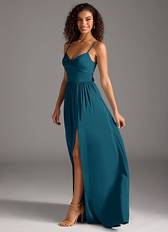 Azazie Zeya Robes de demoiselle d'honneur Robe Trapèze en Satin extensible Plissée Bleu Encre image7