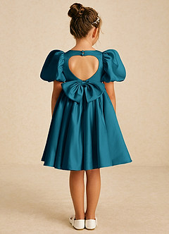 Azazie Muffin Blumenmädchenkleider A-Linie mit ärmel Matte Satin Kleid Tintenblau image1