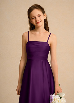 Azazie Pebbles Girls Formal 플라워 걸 드레스 A라인 주름진 매트 새틴 발목 길이 드레스 image3