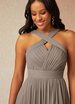 Azazie Hillian Bridesmaid Dresses Taupe A-Line Halter Pleated Mesh Dress image5