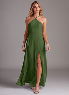 Azazie Bailey Bridesmaid Dresses Olive A-Line Halter Side Slit Chiffon Dress image4
