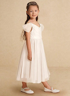 Azazie Lizzette Robe Demoiselle D'honneur Fillette Robe Trapèze en Tulle Rayé Albâtre Blanc image1