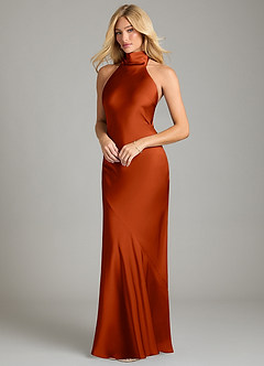 Azazie Velli Vestidos de damas de honor Vestido de Pimenton de Satén Elástico de Corte Sirena con Cuello Alto image1