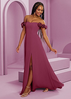 Barbie ♥ Azazie Suknie dla druhen Rozkloszowana szyfonowa sukienka z odkrytymi ramionami i kwiatowymi rozetkami image7