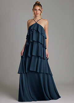 Azazie Deena Vestidos de madrinha de casamento Vestido Azul Marinho de Chiffon de Linha A com Franzido image4