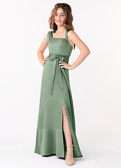 Azazie Barbara Junior Matcha A-Line Bow Stretch Satin Dress image1