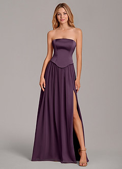 Azazie Cadence Bridesmaid Dresses Plum A-Line Corset Stretch Satin Convertible Dress image5