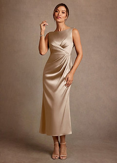 Azazie Mazhe Mother of the Bride Dresses Taupe A-Line Pleated Stretch Satin Dress image1