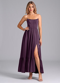 Azazie Leilana Bridesmaid Dresses Plum A-Line Corset Stretch Satin Dress image4