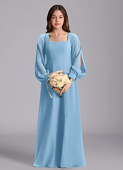 Azazie Bondi Junior Vestido de Azul Acero de Gasa de Corte en A con Blusón image3