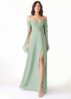 Azazie Cienna Bridesmaid Dresses Agave A-Line Off the Shoulder Chiffon Dress image1