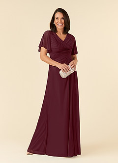 Azazie Emmeline Mother of the Bride Dresses Cabernet A-Line V-Neck Pleated Mesh Dress image1