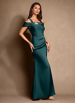 Azazie Altonia Mother of the Bride Dresses Pine Mermaid Off the Shoulder Stretch Satin Dress image2