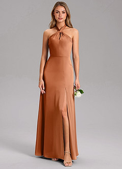 Azazie Tracie Bridesmaid Dresses Copper A-Line Side Slit Stretch Satin Dress image3