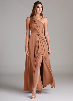 Azazie Brooke Bridesmaid Dresses Bronzer A-Line One Shoulder Stretch Satin Dress image3