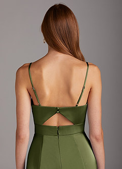 Azazie Shania Bridesmaid Dresses Olive Sheath V-Neck Pleated Stretch Satin Dress image4