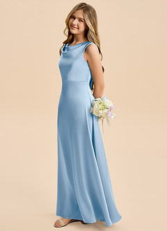 Azazie Kiki Junior Robe Trapèze en Satin extensible Arc Poudre Bleue image1