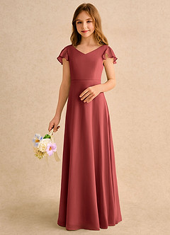 Azazie Nari Girls Formal Flower Girl Dresses Terracotta A-Line with Sleeves Chiffon Dress image4