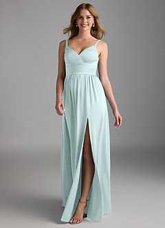 Azazie Chanel Final Sale Sea Glass A-Line Pleated Stretch Satin Dress image1