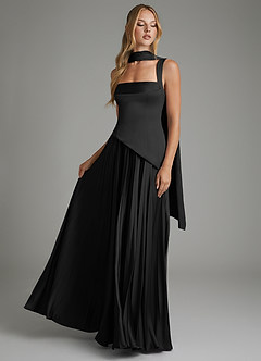 Azazie Stephanie Vestidos de damas de honor Vestido Negro de Satén Elástico de Línea A con Corsé image6