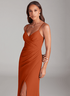 Azazie Maci Bridesmaid Dresses Burnt Orange Sheath Pleated Chiffon Dress image2