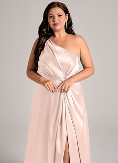 Azazie Brooke Bridesmaid Dresses Rose Gold A-Line One Shoulder Metallic Satin Dress image13