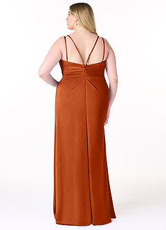 Azazie Aqua Bridesmaid Dresses Burnt Orange A-Line V-Neck Pleated Stretch Satin Dress image9