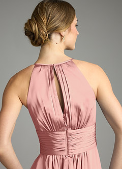 Azazie Bonnie Bridesmaid Dresses Rosette A-Line Pleated Stretch Satin Dress image6