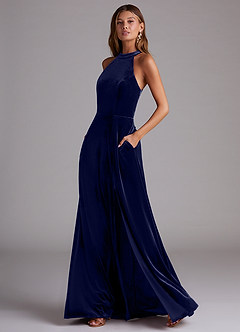 Azazie Larice Bridesmaid Dresses Dark Navy A-Line with Pockets Velvet Dress image3
