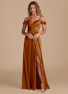 Azazie Ocean Bridesmaid Dresses Copper A-Line Off the Shoulder Metallic Satin Dress image1