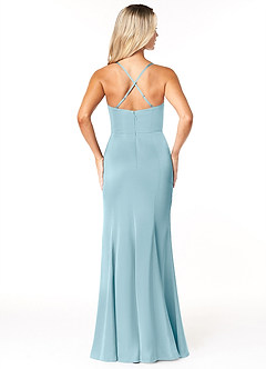 Azazie Marzia Bridesmaid Dresses Moody Blue Sheath Cowl Pleated Stretch Satin Dress image2