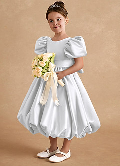 Azazie Jellybean Flower Girl Dresses White Ball-Gown Ruched Matte Satin Dress image1