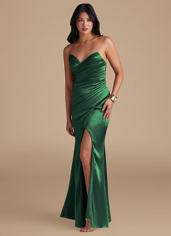 Azazie Yola Bridesmaid Dresses Dark Green Sheath Pleated Metallic Satin Dress image5