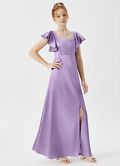 Azazie Bondi Junior Lilac A-Line Side Slit Metallic Satin Dress image3