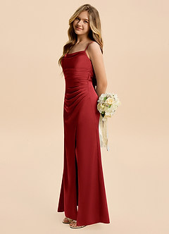Azazie Minnie Junior Pomegranate Sheath Ruched Stretch Satin Dress image3