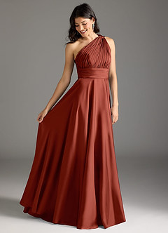 Azazie Charlize Robes de demoiselle d'honneur Robe Trapèze en Satin extensible Ue épaule Terracotta image10