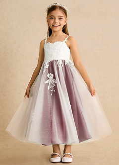 Azazie Coraline Flower Girl Dresses Ivory Burgundy A-Line Lace Dress image4