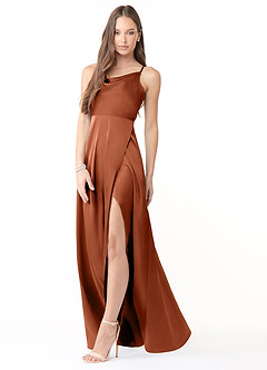 Azazie Naomie Bridesmaid Dresses Cedar Rose A-Line Cowl Neckline Side Slit Stretch Satin Dress image4