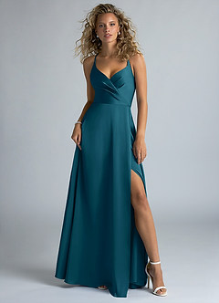 Azazie Davis Bridesmaid Dresses Ink Blue A-Line Pleated Stretch Satin Dress image2