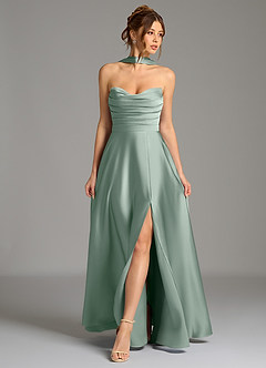 Azazie Ayla Robes à essayer chez vous Robe Trapèze en Satin extensible Corset Agave image1