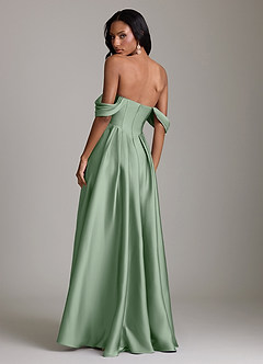 Azazie Loisa Bridesmaid Dresses Matcha A-Line Off the Shoulder Stretch Satin Dress image2