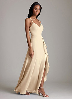 Azazie Naeem Bridesmaid Dresses Champagne A-Line V-Neck Ruffle Chiffon Dress image4