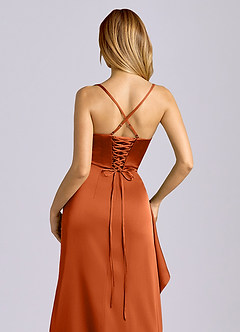 Azazie Sarai Bridesmaid Dresses Burnt Orange Sheath Corset Stretch Satin Dress image2