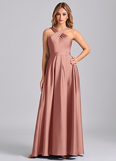 Azazie Dixie 신부 들러리 드레스 A라인 주름진 스트레치 새틴 바닥 길이 드레스 image1